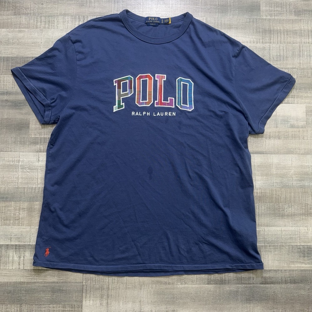 Polo Ralph Lauren Tshirt Men XXL Blue Plaid Patchwork Logo Crew Neck Classic Fit